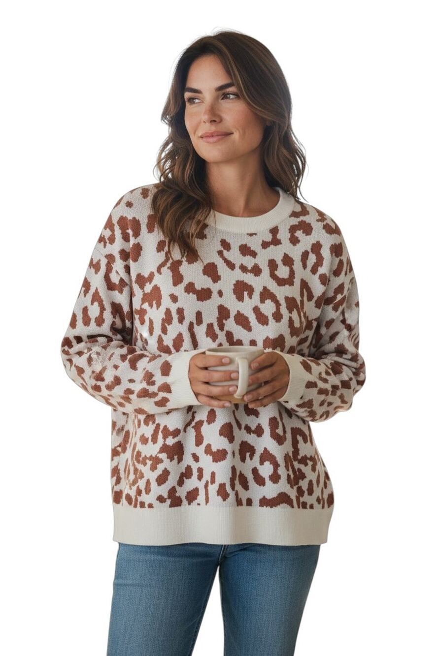 DAILY RITUAL Women XL Sweater Sweater Cheetah Print Brown Cream Long Sleeve 46